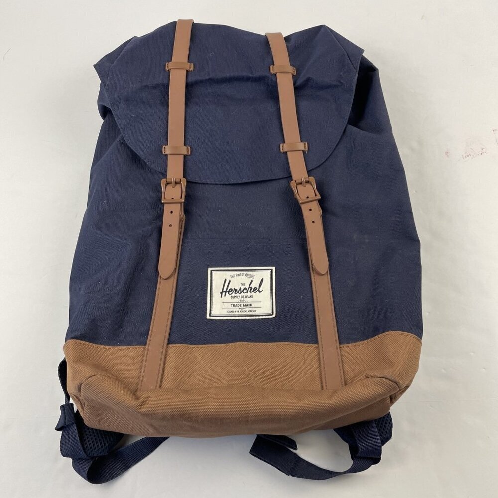 Herschel Retreat Backpack Top Load Navy Brown Canvas Padded Fleece Laptop Sleeve